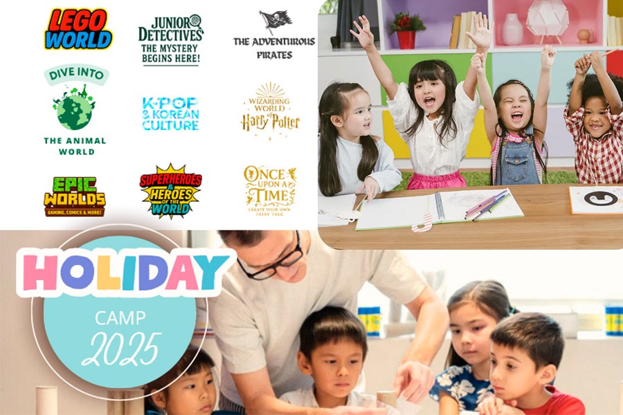 A colorful collage of children at school, illustrating the excitement of the Best Year End Camps in Singapore 2025