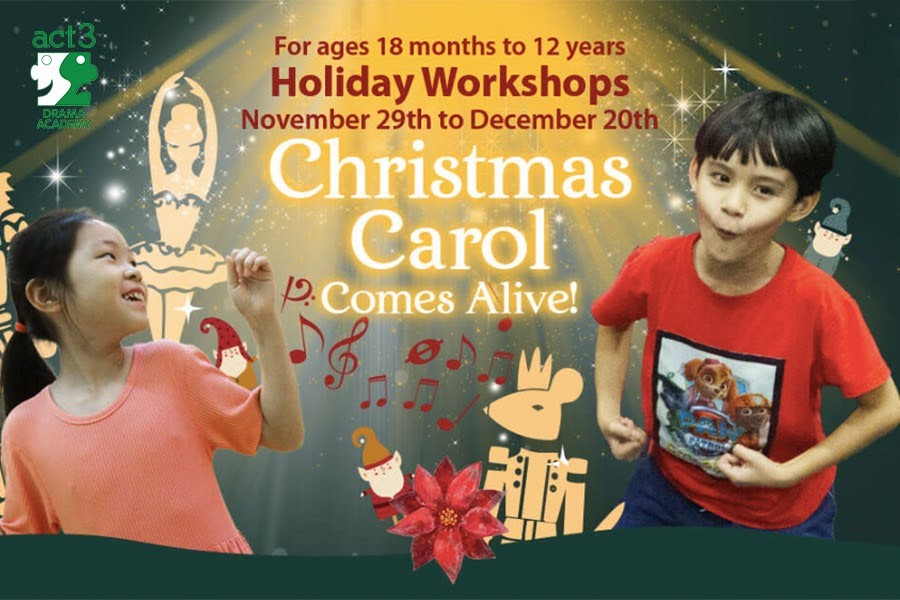 Festive characters from a Christmas carol animatedly performing, surrounded by holiday decorations and a cheerful atmosphere