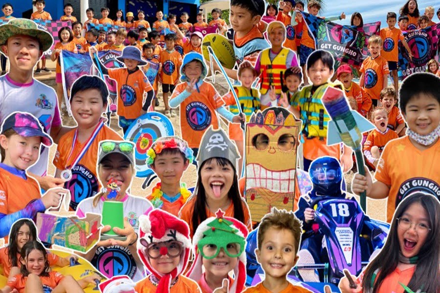 A collage of children in orange shirts, joyfully holding various items, promoting the Best Year End Camps in Singapore 2025