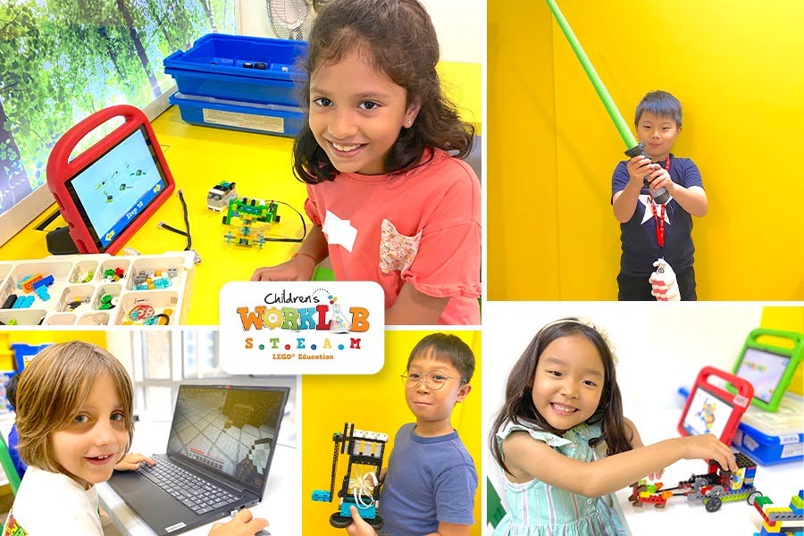 A collage of children engaging with toys and computers, promoting the Best Year End Camps in Singapore 2025