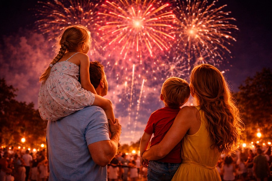 A family joyfully watching colorful fireworks illuminate the night sky during a festive celebration