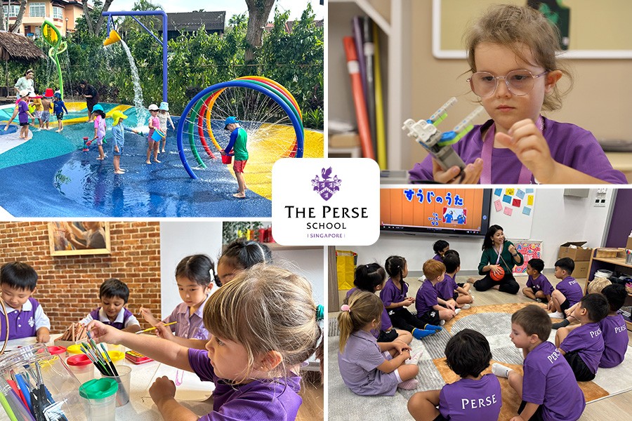 The Perse School Singapore with colorful play areas and children engaged in outdoor activities