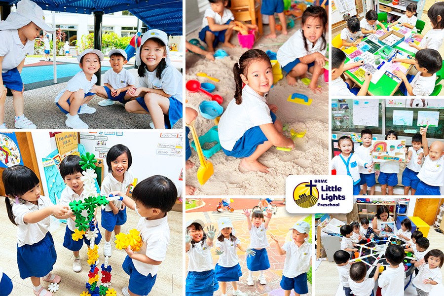 Collage of preschool children in white shirts and blue shorts engaging in activities: playing in sand, building blocks, drawing, and cheerful group interactions
