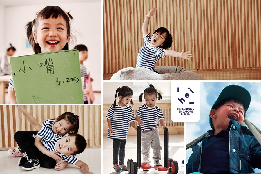 A collage of children engaged in various activities while playing in a Singapore classroom