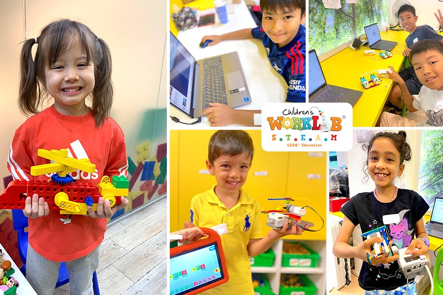 A collage of children joyfully building with Legos, highlighting fun activities at summer holiday camps in Singapore