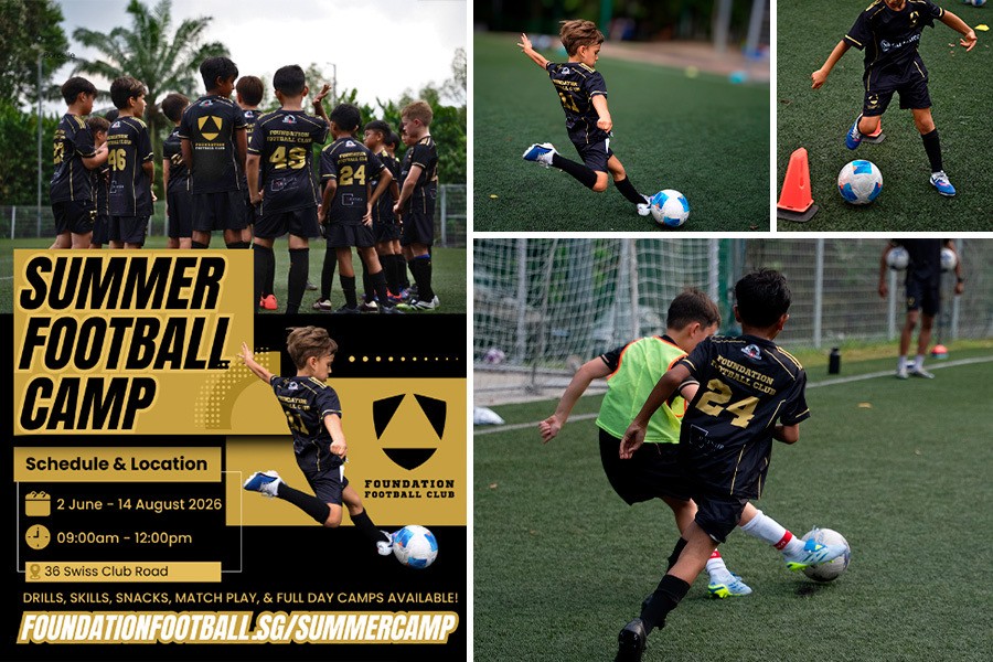 Children participating in a summer football camp in Singapore, enjoying training and teamwork activities outdoors