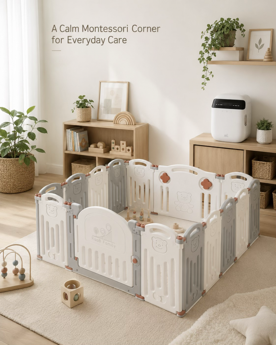 A serene Montessori corner featuring natural materials, soft lighting, and engaging toys for a baby's daily exploration