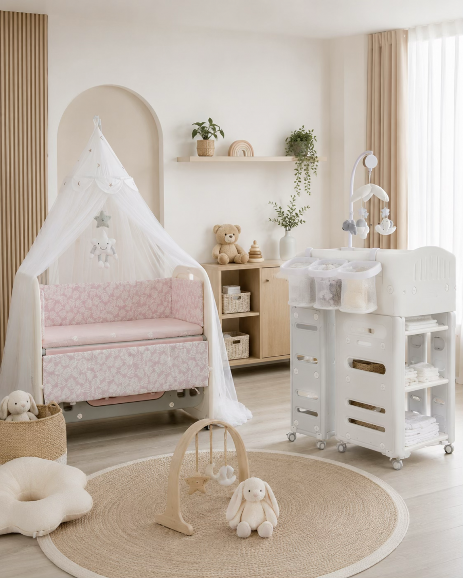 A baby's room featuring a white crib with a pink canopy and a white dresser, designed in a Montessori-inspired style
