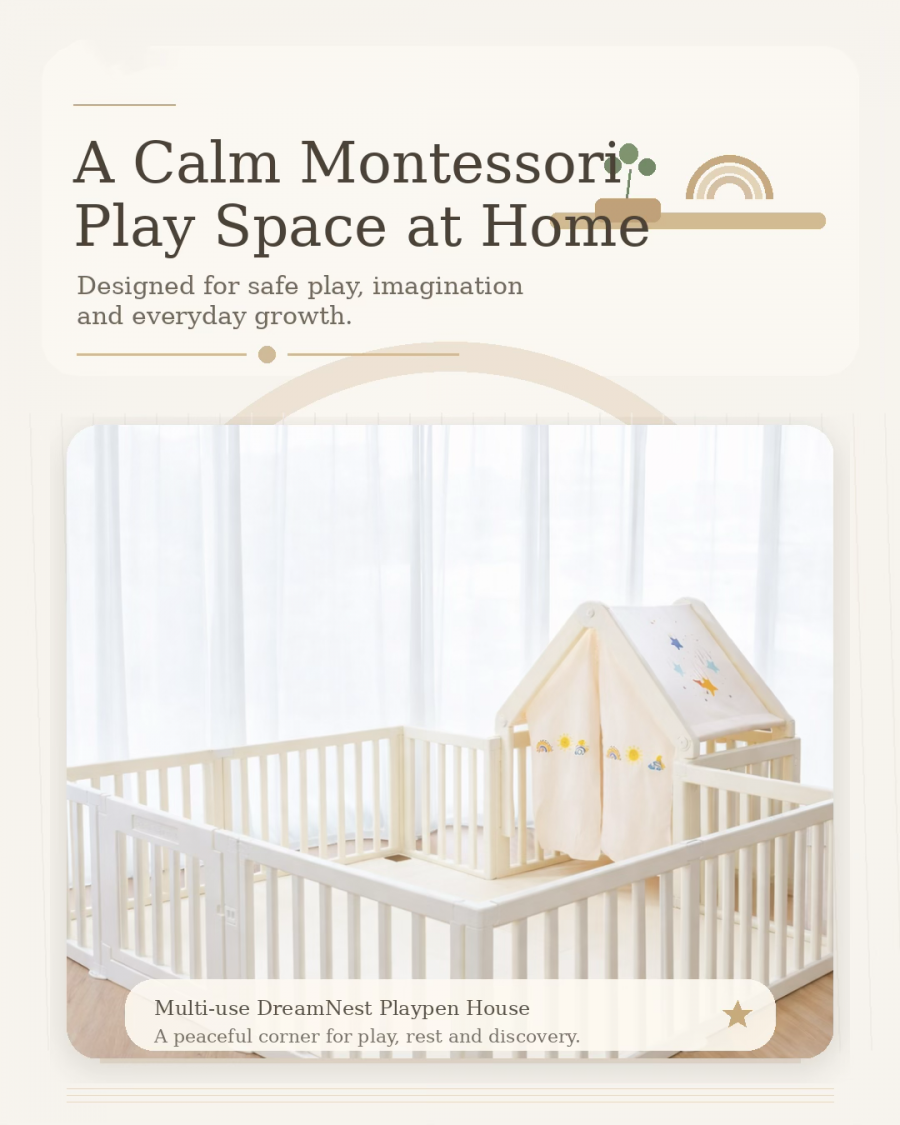 A serene Montessori-inspired play area for babies, featuring natural materials and open space for exploration