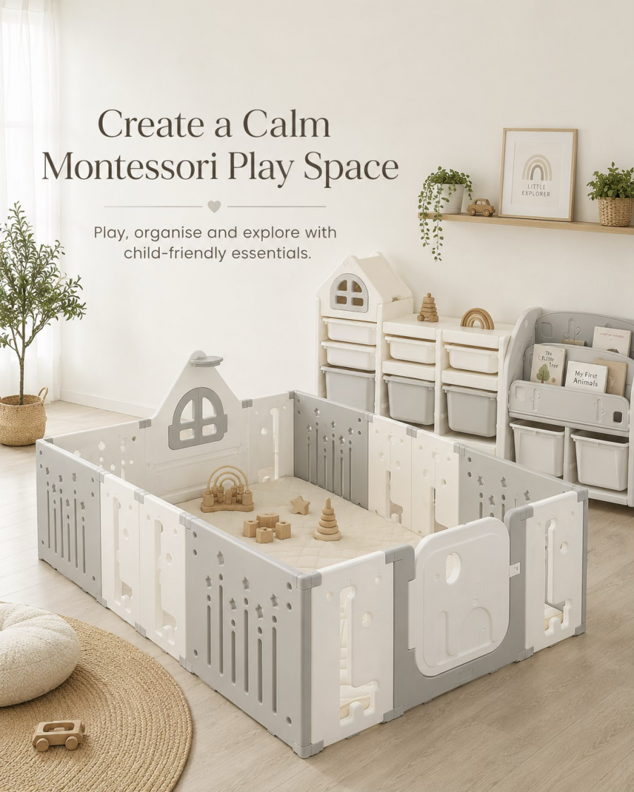 A Montessori-inspired play space featuring a white and grey play set designed for a baby's exploration and learning