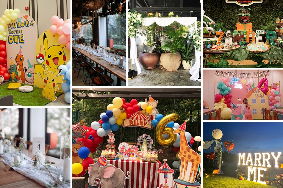 1. A collage showcasing colorful party decorations: balloons, a cake, and a festive sign for children's birthday parties in Singapore