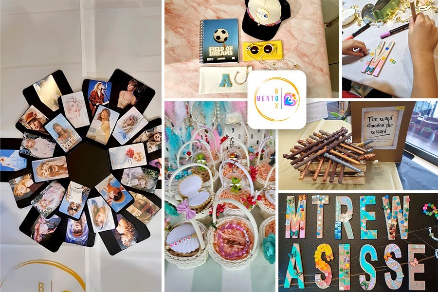 A collage featuring bespoke party favors and custom gift, fun elements for kids' birthday parties in Singapore