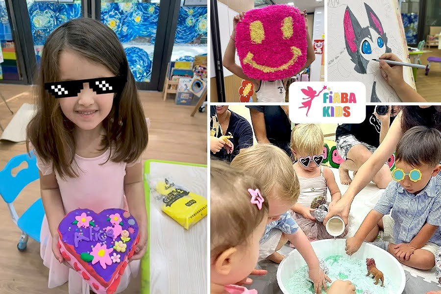 A collage of children joyfully playing with various toys at birthday parties in Singapore