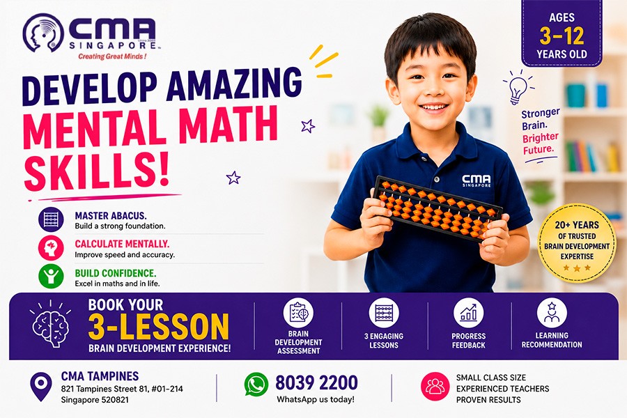 Flyer promoting CMA program, highlighting mental math skills development for students in Singapore's tuition centres